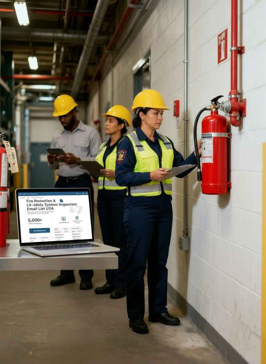 Fire protection and life-safety system inspector reviewing a fire panel and sprinkler system in a commercial building – Direct Reach email list USA.