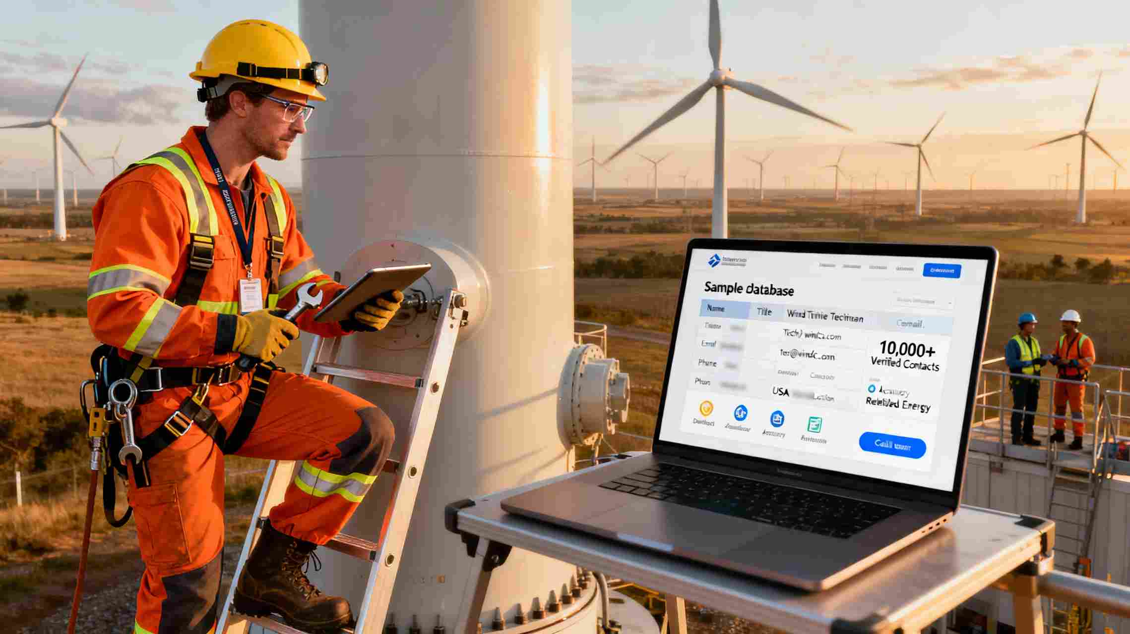 Wind turbine service technician performing maintenance on a wind turbine at a renewable energy wind farm – Direct Reach email list USA.