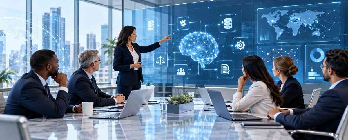 AI governance officers reviewing enterprise AI risk and compliance systems